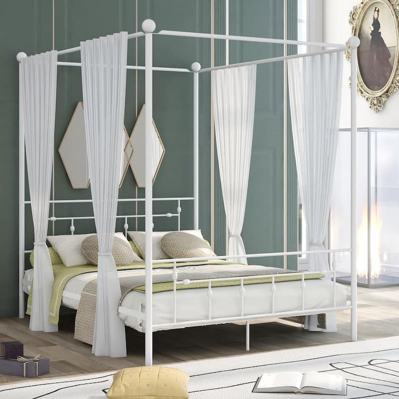 Queen Size Metal Canopy Platform bed with Headboard, Black/White