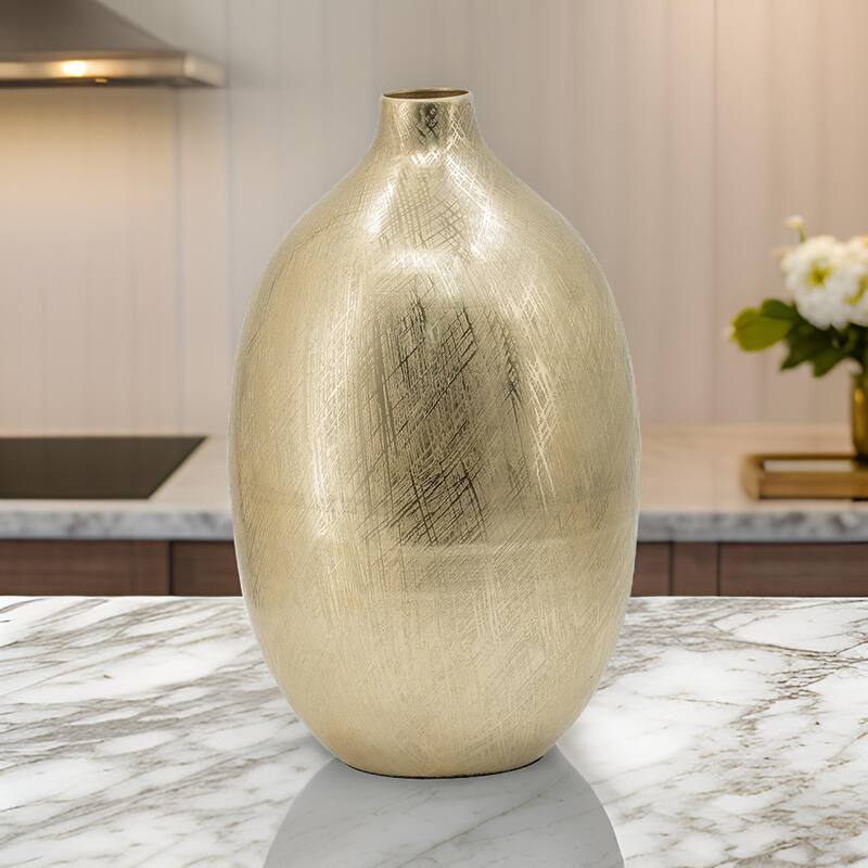 Pansy 14 Inch Modern Vase, Metal, Tall Curved Shape, Bottleneck Gold