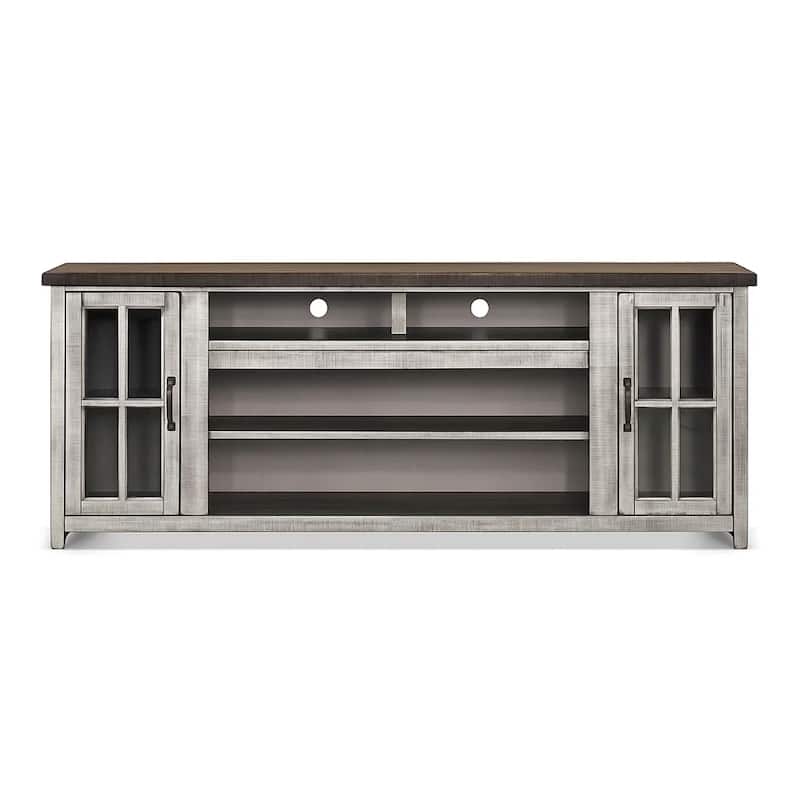 Gery TV Console w Crystal Fireplace Insert Option, 76 Inch, 2 Cabinets, Gray Brown Mahogany