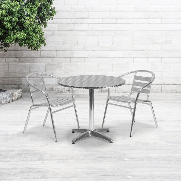 31.5" Round Aluminum Indoor-Outdoor Table Set with 2 Slat Back Chairs. Opens flyout.