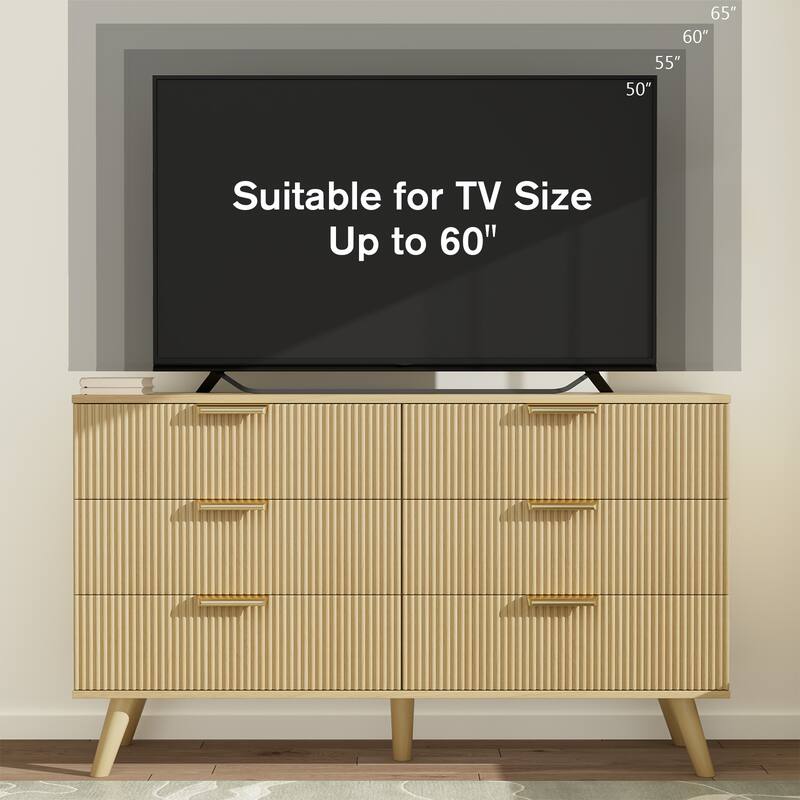 Gymojoy Fluted 6 Drawer Dresser with Gold Metal Handles, Modern Chest of Drawers for Living Room, Bedroom, Apartment