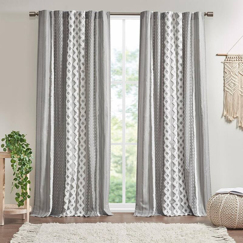 Cotton Printed Curtain Panel with Chenille Stripe and Lining - Gray-2