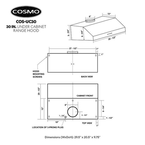 dimension image slide 0 of 2, Cosmo 30 in. Ducted Under Cabinet Range Hood with 380 CFM, 3 Fan Speeds - 30 in.