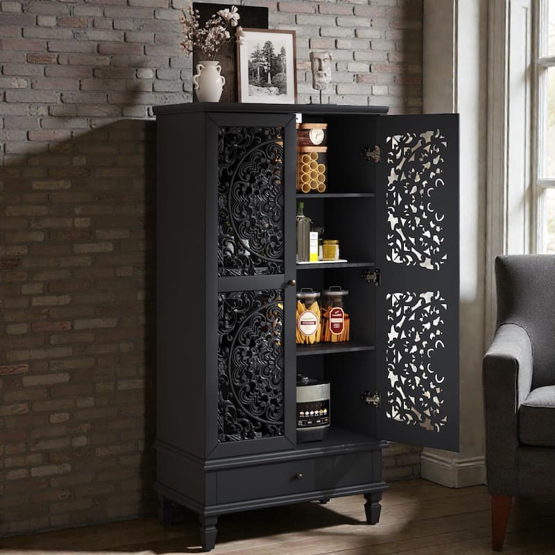 55'' Rustic Tall Storage Cabinet with Drawer, Carved Wood 2-Door Accent Cabinet with Solid Wood Legs for Living Room