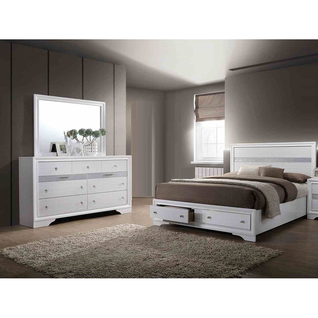 White Finish Modern 3pc Bed Dresser Mirror Bedroom Set
