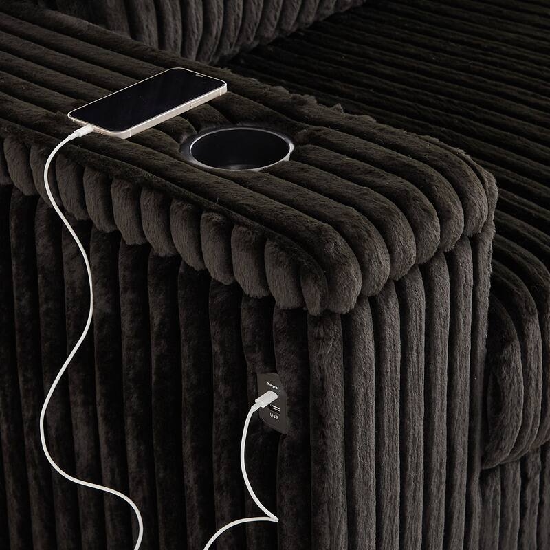 110" Corduroy L-Shaped Sectional Sofa with Storage, USB Charging and Cup Holders
