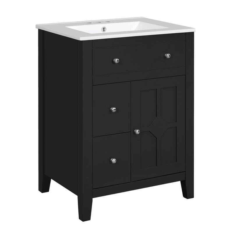 24" Modern Bathroom Vanity with Ceramic Basin - Restroom Sink Cabinet with 2 Drawers