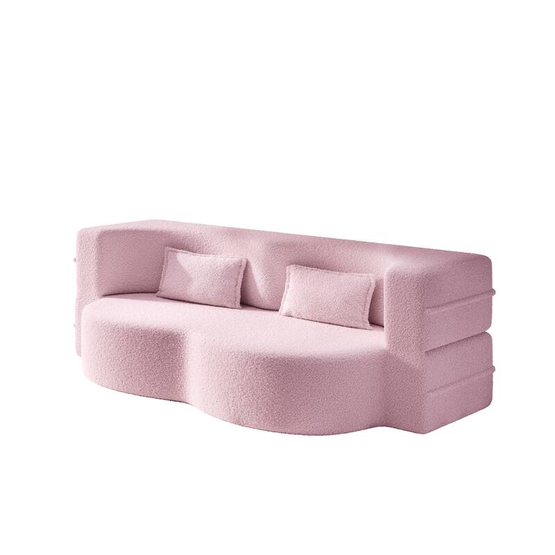 Modern Floor Sofa with 2 Pillows,Convertible Teddy Fabric Foam-Filled Sleeper Sofa Bed