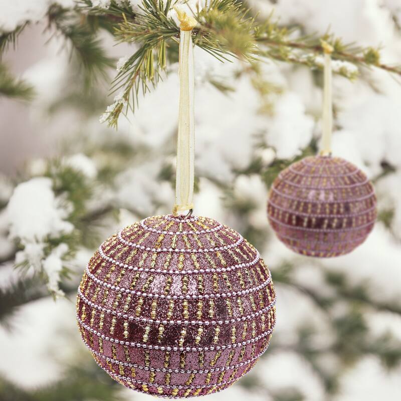 Sevita Pink Glistening Candy Stripe Handcrafted Globe Ornament, Set of 4 - 8" x 4.5" x 4.5"