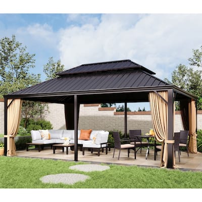MAISON ARTS 14x20' Hardtop Aluminum Galvanized Steel Double Roof Gazebo with Netting & Curtains