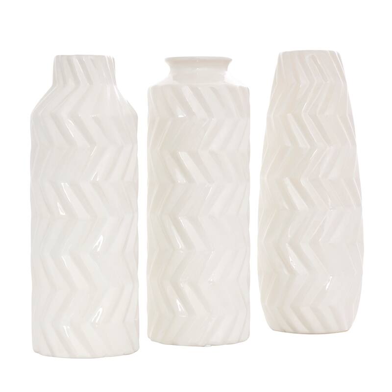 White Ceramic Dimensional Chevron Textured Decorative Vase with Varying Shapes (Set of 3)