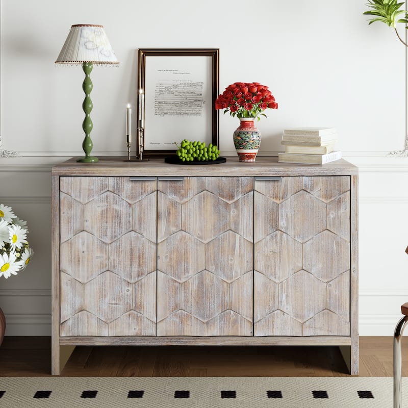 Farmhouse Style Wooden Sideboard Buffet Server Cabinet with Doors - Natural Wood-3 Doors