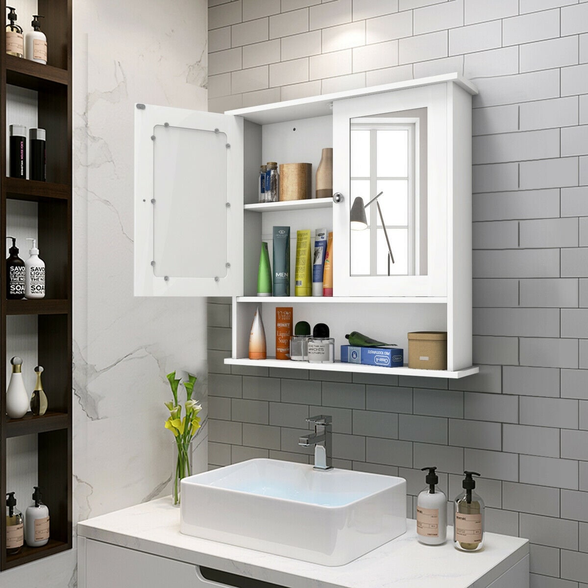 Wooden Double Mirror Door Indoor Wall Mountable White Bathroom Cabinet Shelf New 