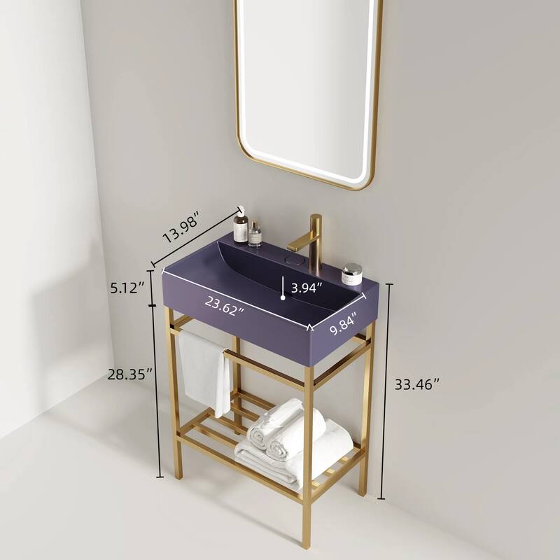 GDFStudio - Lofi Modern 24" Bathroom Vanity with Glossy Rectangular Ceramic Basin & Open Metal Storage Shelf, WITHOUT Faucet