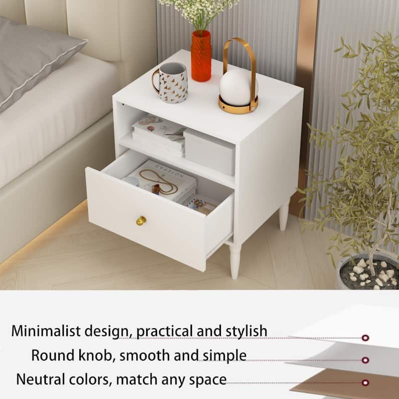 Modern Nightstand with Drawer and Open Shelf, Bedside Table with Gold Knob, Solid Wood Legs, Small End Table for Bedroom