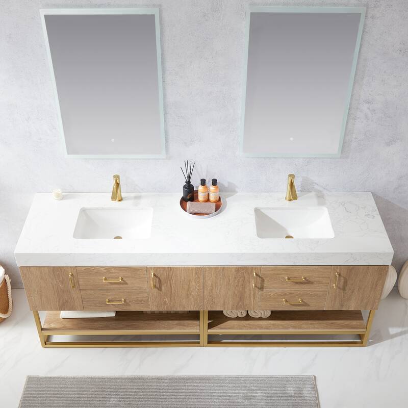 Alistair 84" Double Vanity with White Grain Stone Top without Mirror - 84" x 22"