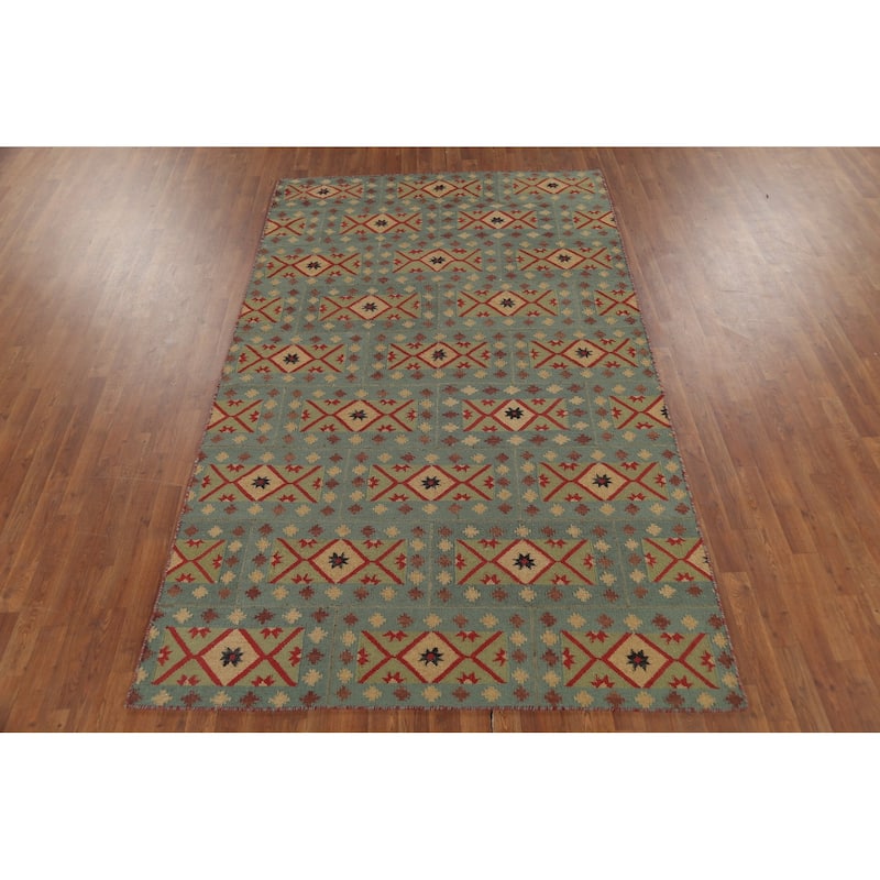 Geometric Kilim Oriental Area Rug Flatweave Green Wool Carpet - 5'7"x 9'0"