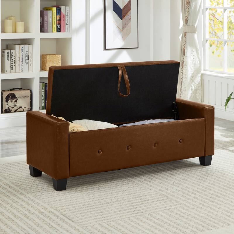 Tufted Faux Leather Storage Ottoman Bench for Bedroom, Living Room & Hallway, 48" Multifunctional Upholstered End of Bed Bench