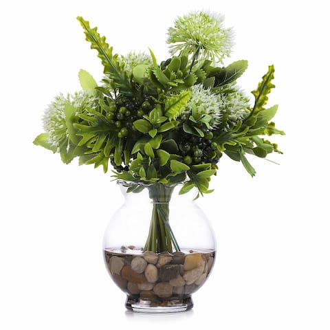 Enova Home Artificial Greenery Grasses Fake Flowers Arrangement in Glass Vase with Faux Water and River Rock for Home Decoration