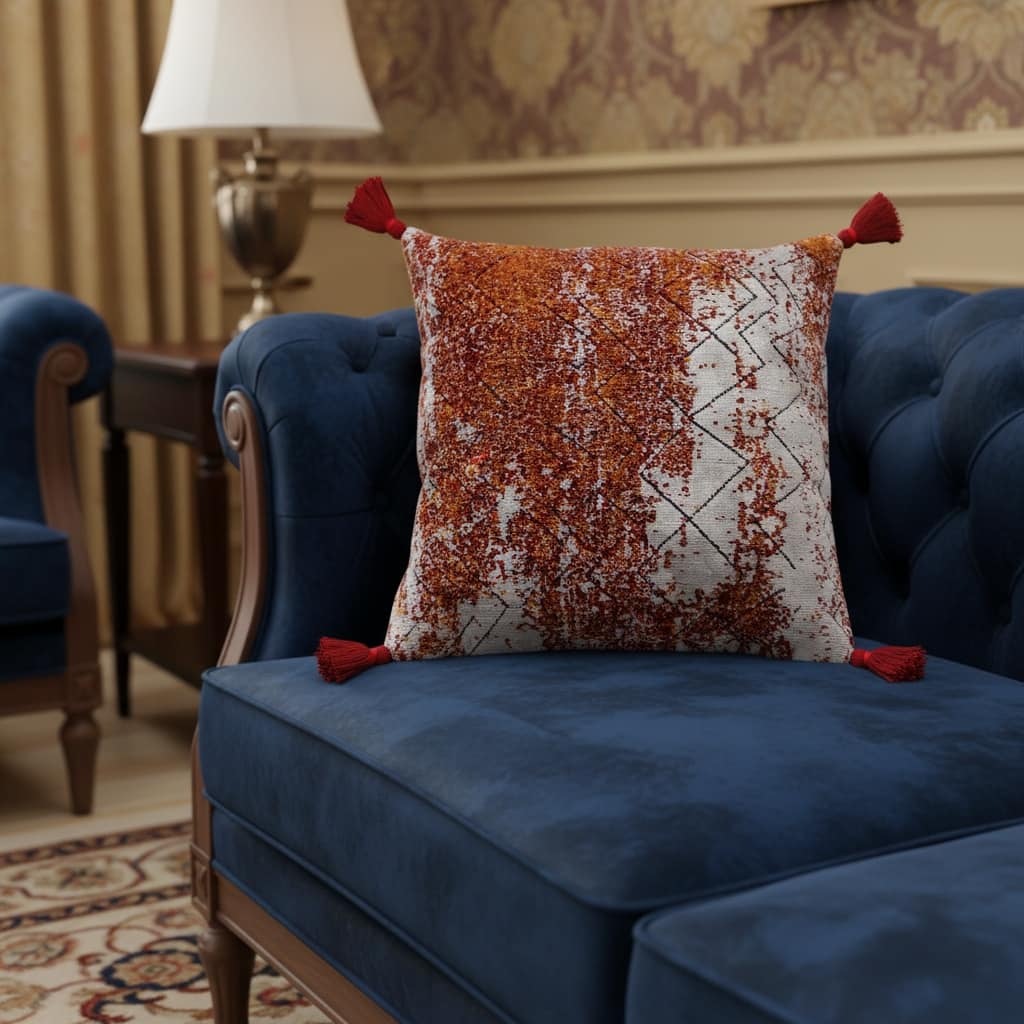 18" Red And Silver Abstract Geometric Viscose Throw Pillow Cover with Tassels