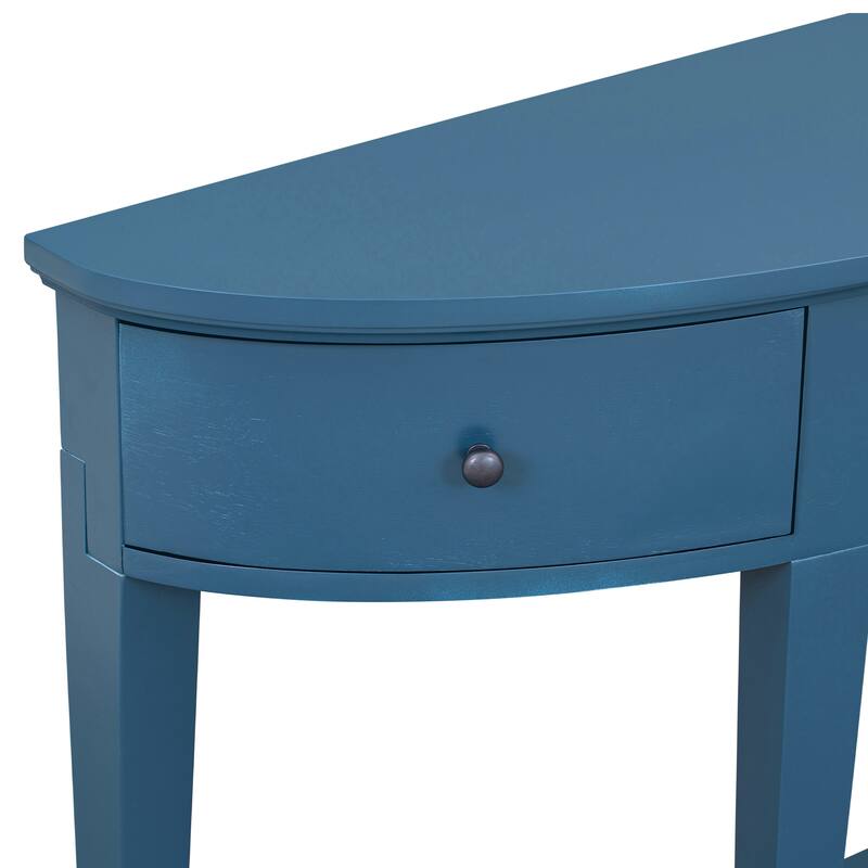 Half Moon Console Table with 3 Storage Drawers, Wood Sofa Table with Round Handles, Narrow Hallway Table with 1 Bottom Shelf