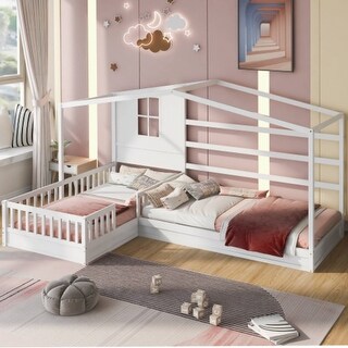 L Structure 2 Twin Wood House Bed with Fence & Slatted Frame,White