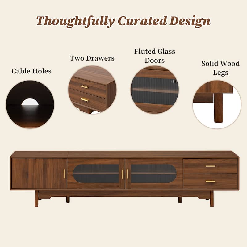 78" Modern TV Stand for TVs Up to 85", Fluted Glass Door Entertainment Center with Solid Wood Legs & Drawers