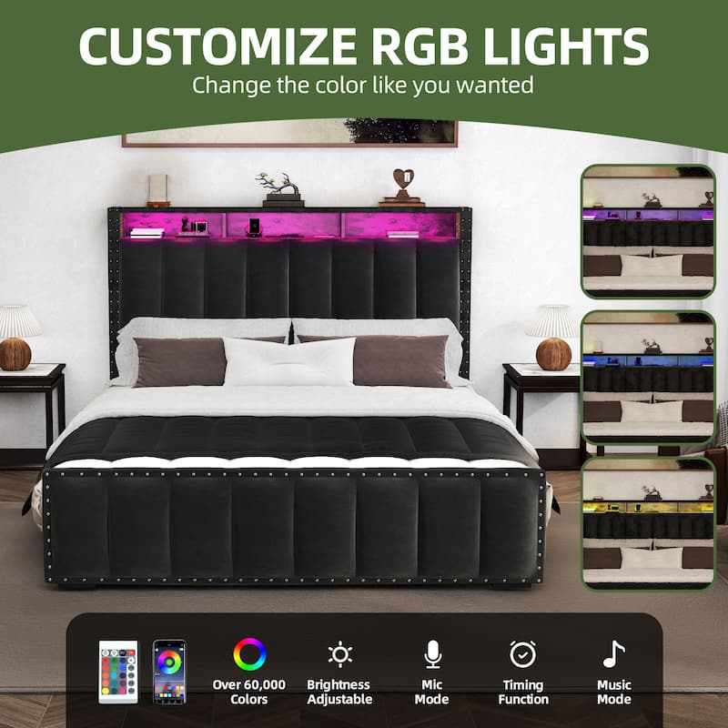 Velvet Upholstered Platform Bed with 4 Storage Drawers and RGB LED Lights&Charging Station
