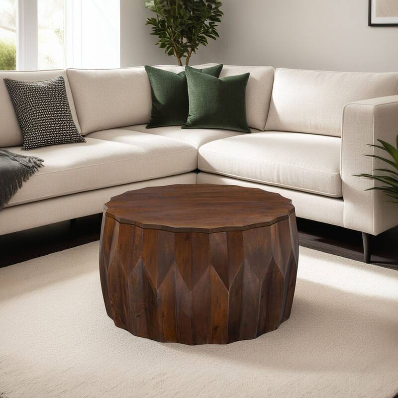 Facet 30" Diamond Carved Round Mango Wood Coffee Table - Elegant Cylindrical Base, Walnut Finish Accent Table