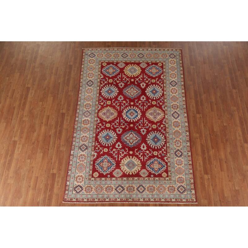 Hand Knotted Oriental 100% Wool Carpet Traditional All-Over Red Kazak Area Rug - 9' 2'' X 5' 11''