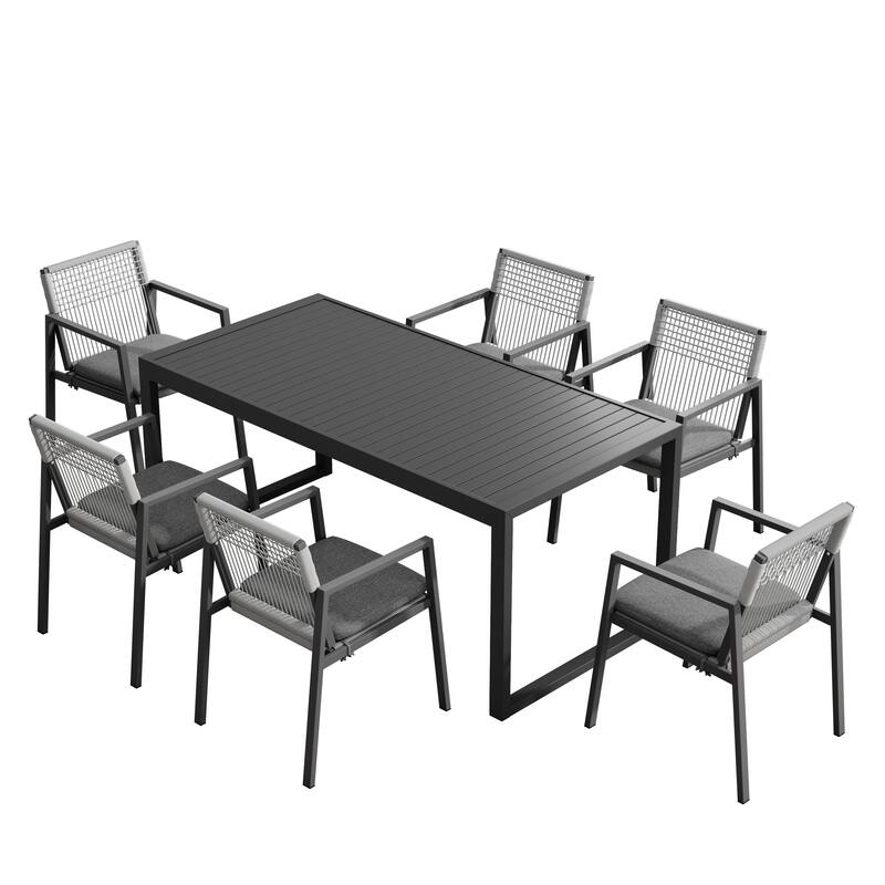 Roomfitters Outdoor Dining Set 7 Piece Aluminum Table Rope Woven Chairs U-Legs, Grey Black - Black+Grey