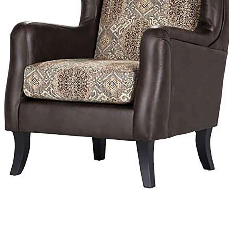 Miva Armchair, 33 Inch, Jacquard, Classic Wingback Brown Faux Leather