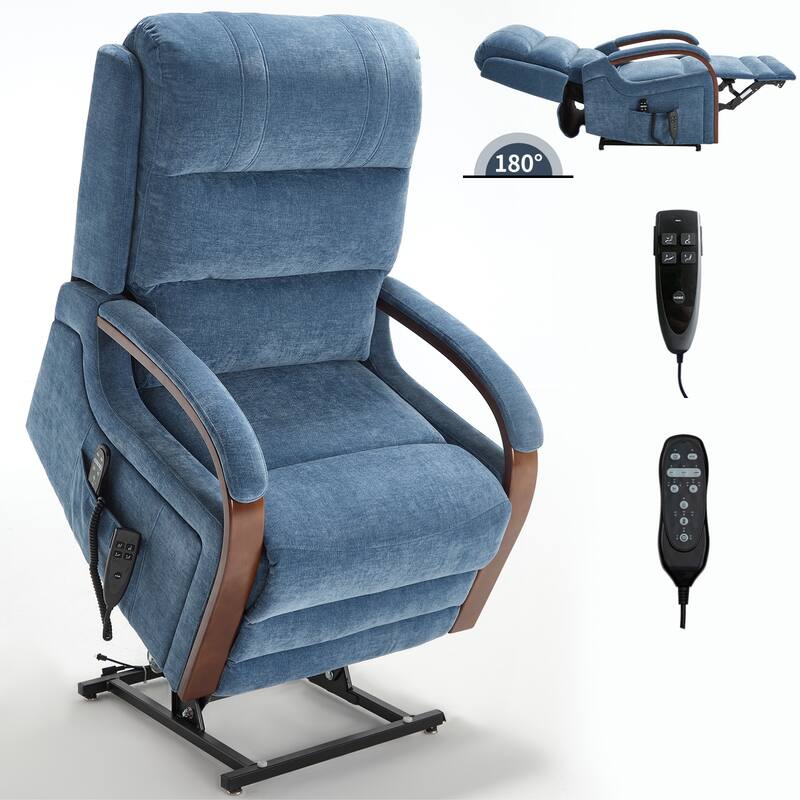 Roomfitters Dual Motor Power Lift Recliner, Infinite Position Massage Chair with Solid Wood Armrests, Chenille