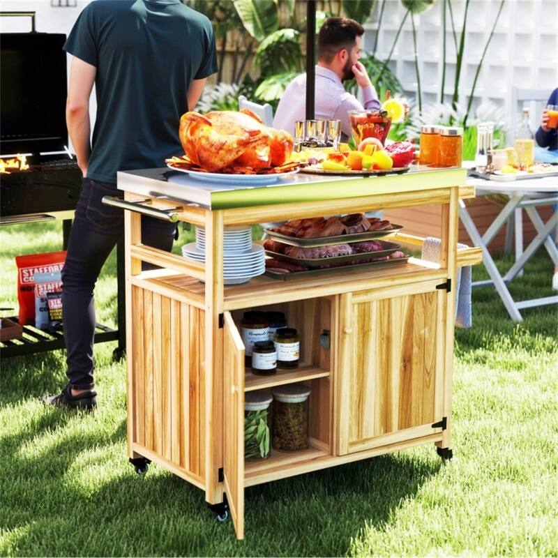 Natural Wood and Stainless Steel Grill Cart with Cabinets, Spice Rack, Towel Holder, and Swivel Casters