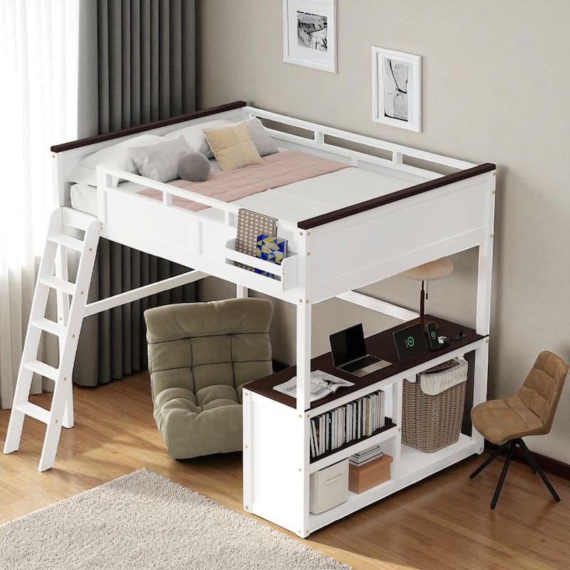 Queen Size Loft Bed with Desk, Open Shelves, Storage Box, USB Charging Station, White Wooden Loft Bed Frame