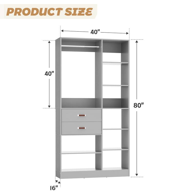 40'' Large Closet System with 10 Shelves and 2 Drawers, Freestanding Closet Organizer with Hanging Rods