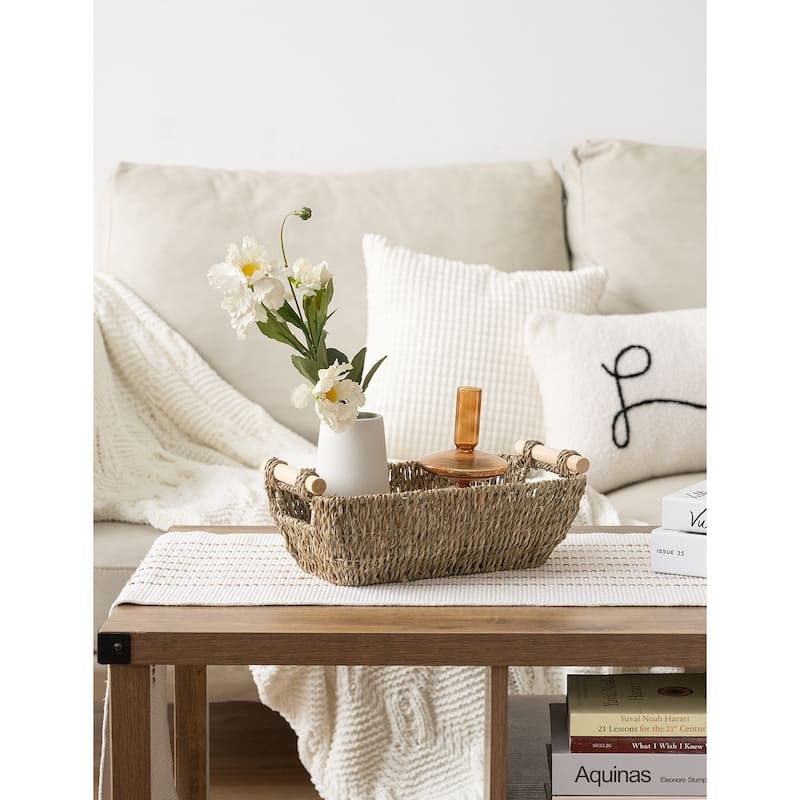 2-Pack Hand-Woven Storage Baskets with Wooden Handles, Wicker Basket for Organizing, Gift Choice