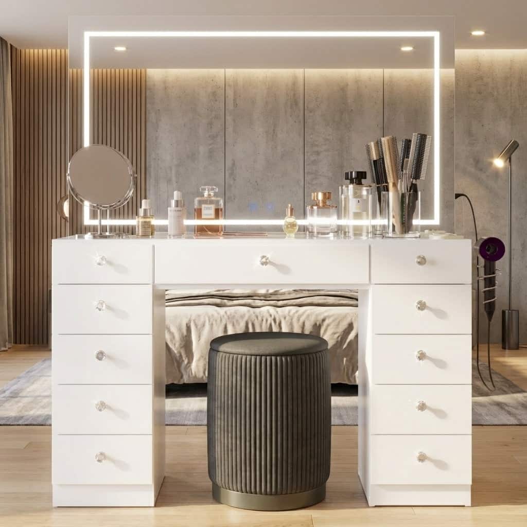 Boahaus Smart Vanity Desk with LED Mirror & Bluetooth Speakers