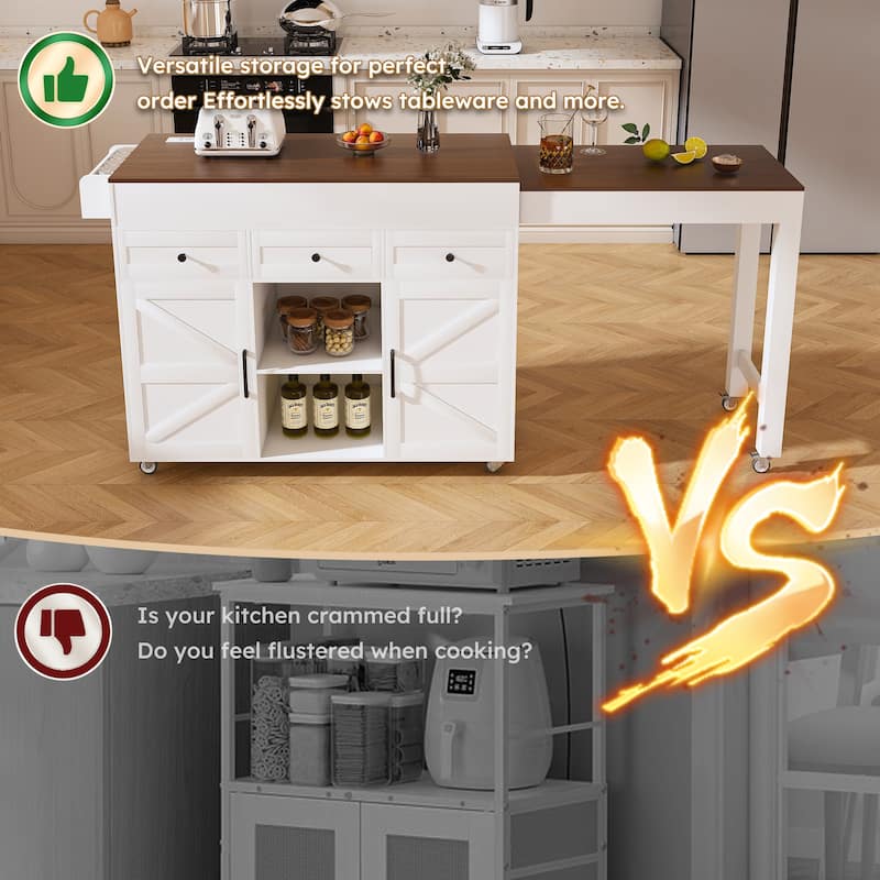 Kitchen Island with Extendable Dining Table, Kitchen Storage Cart on Wheels with 2 Drawers, Rolling Extendable Island Cart