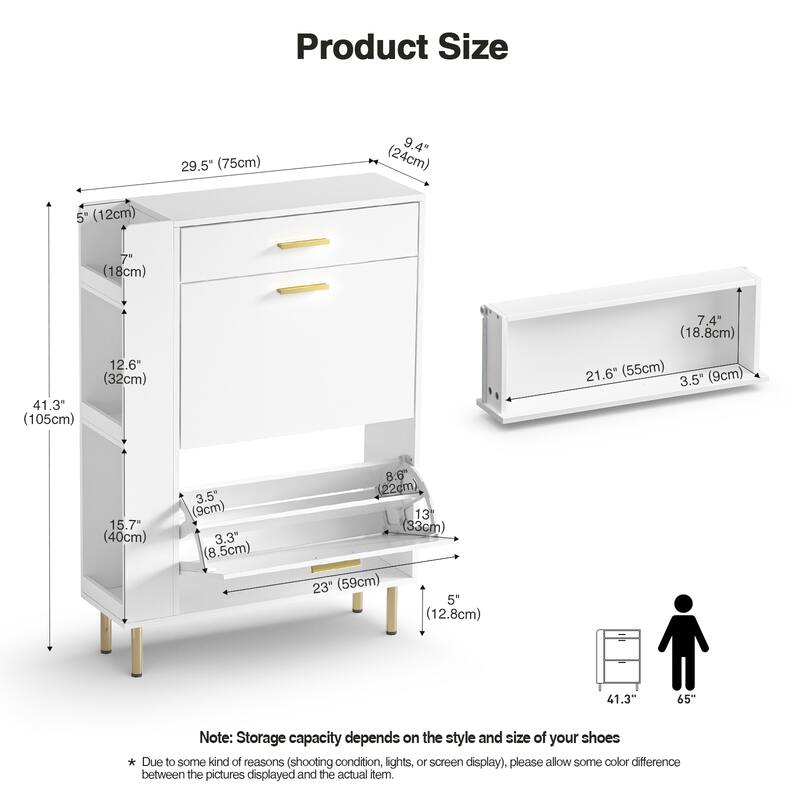 Anmytek Modern White Shoe Storage Cabinet 16 Pairs Slim Shoe Rack Organizer with 2 Flip Drawers - 29.5"W x 9.4"D x 41.3"H