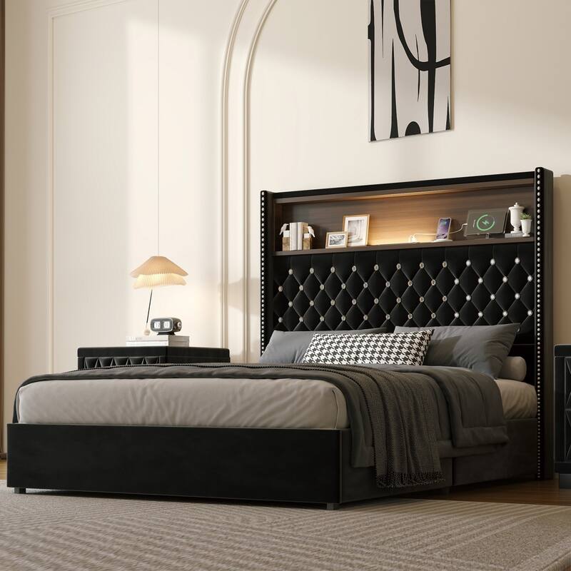 Velvet Tufted Platform Bed with USB Port and Night Light with 52'' High Headboard Shelf