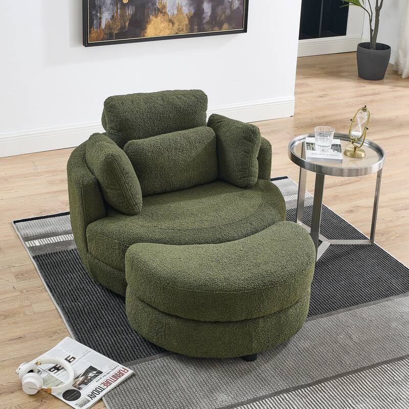 Oversized Teddy Fabric Swivel Barrel Chair with Moon Ottoman & 4 Pillows