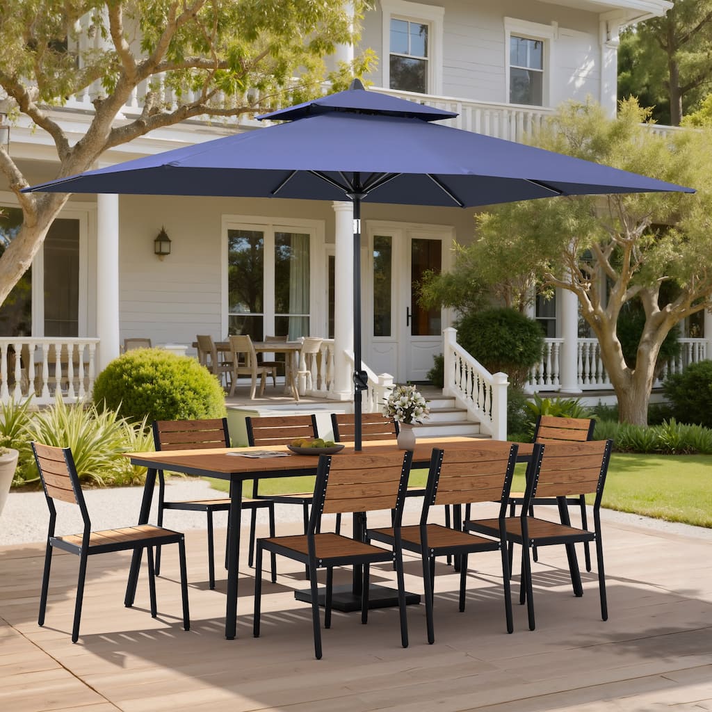 11 PC Outdoor Patio Dining Set Wood-Like Aluminum Umbrella Hole Table with Stackable Chairs,Double Top Market Umbrella and Base
