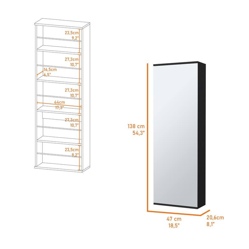 Connecticut Wall Mounted Mirror Shoe Rack with 5 Internal Shelves, 10 Shoe Capacity