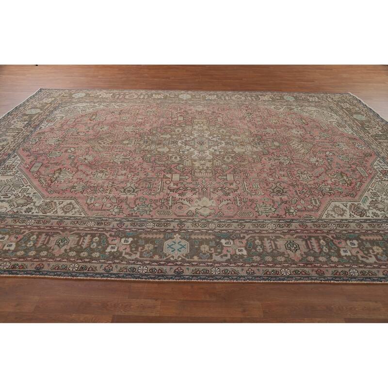 Distressed Pink Tabriz Vintage Persian Rug Hand-Knotted Wool Carpet - 9'2" x 12'8"