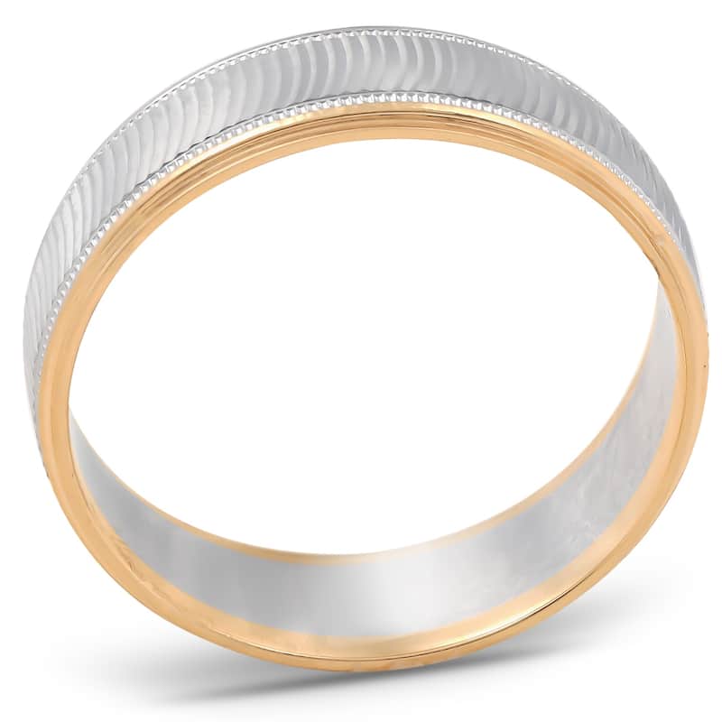 Gold Mens 6mm Two Tone Wave Cut Ring Wedding Band