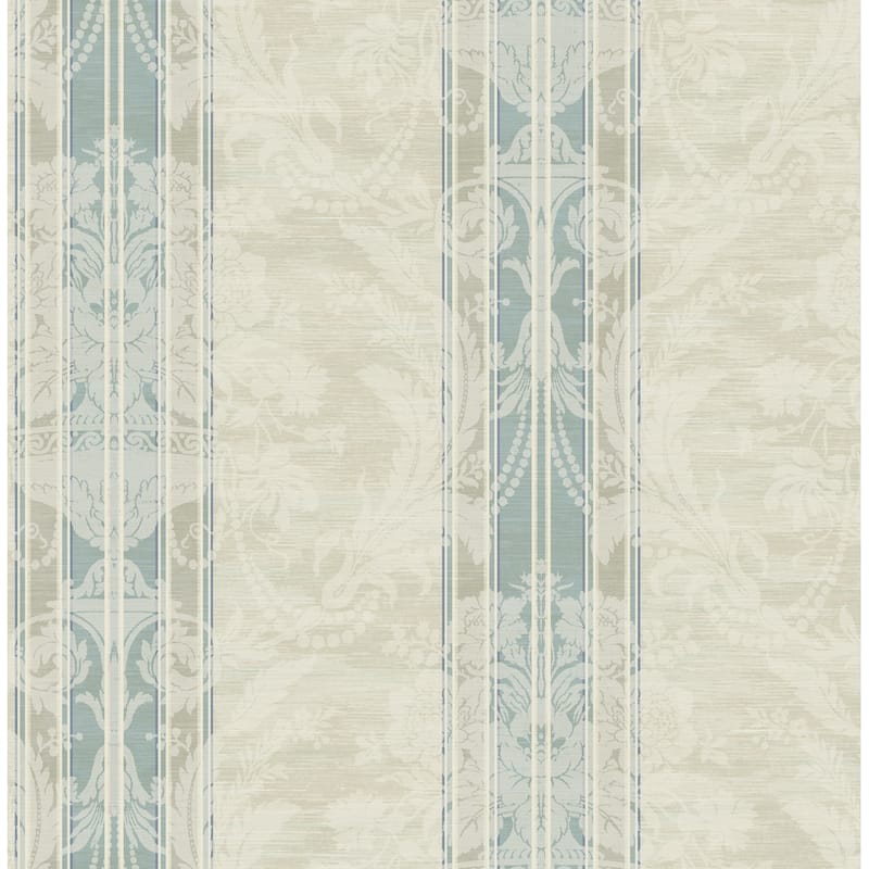 Seabrook Designs Villa Stripe Damask Unpasted Wallpaper - 20.5 in. W x 33 ft. L - Metallic Champagne & Ice Blue