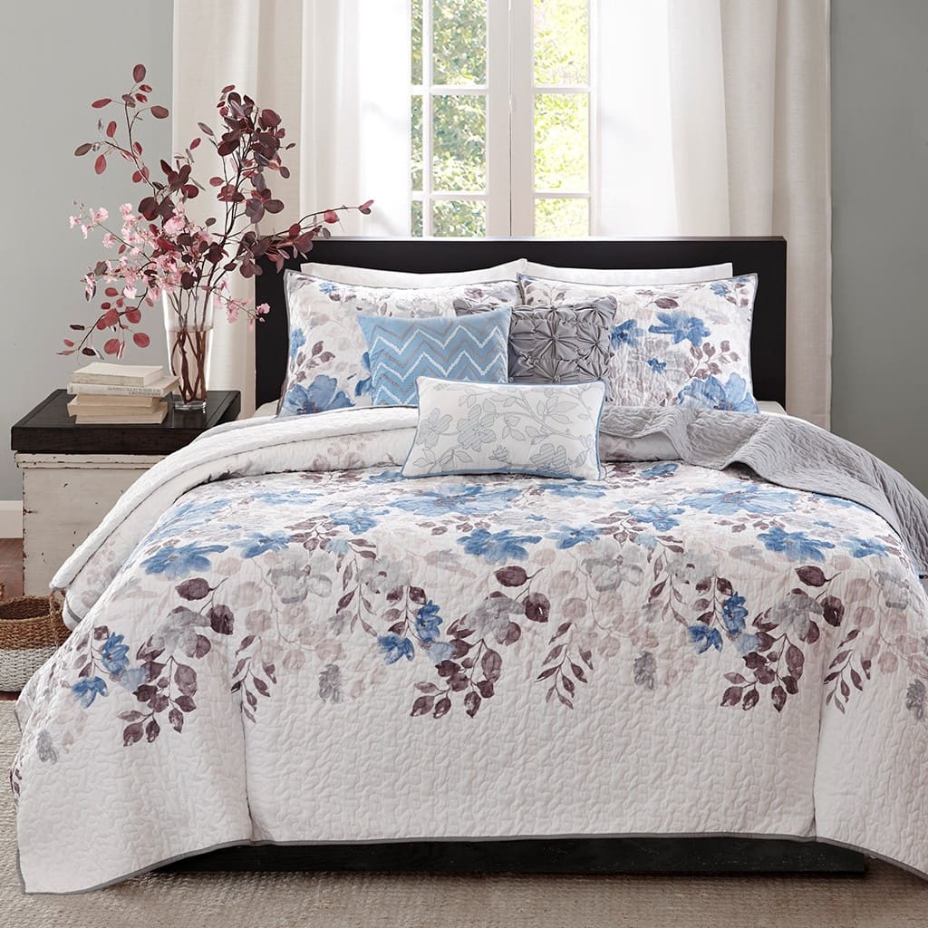 Rossetta 6-Piece Transitional Style Watercolor Floral Print Full/Queen Quilt Set