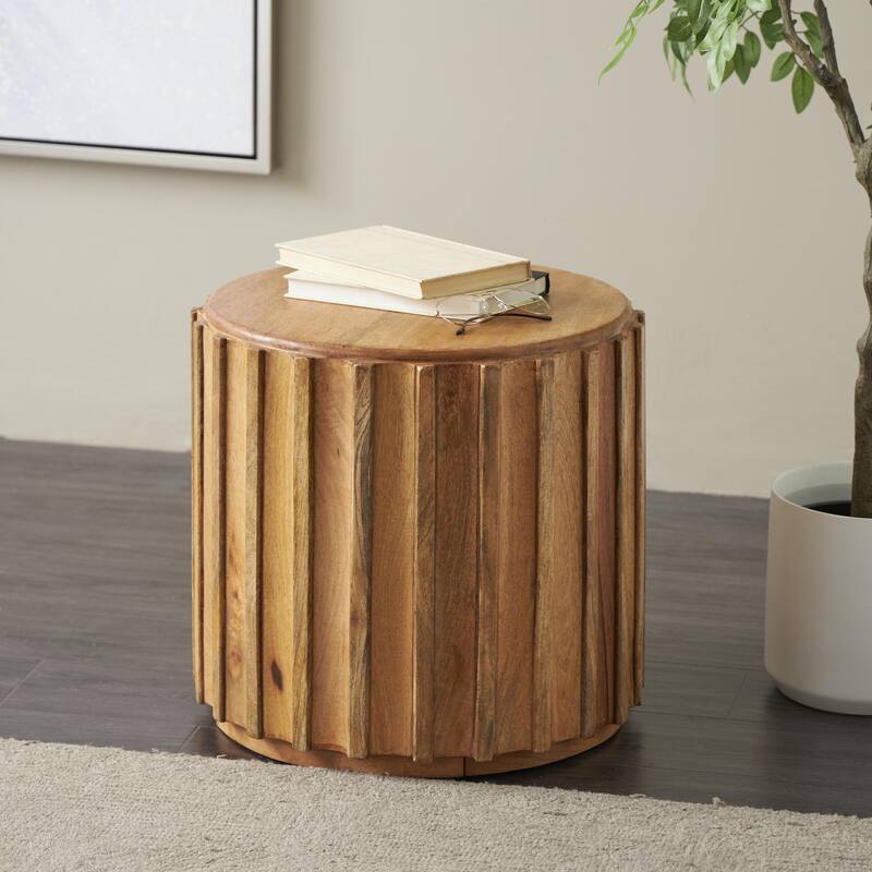 Mango Wood Handmade Living Room Side End Accent or Coffee Table with Slatted Grooved Sides - Brown - Roche River Decor