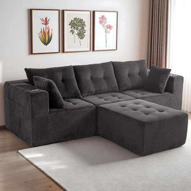 Corduroy Modular Sectional Sofa - 35.8"D x 101"W x 26.3"H